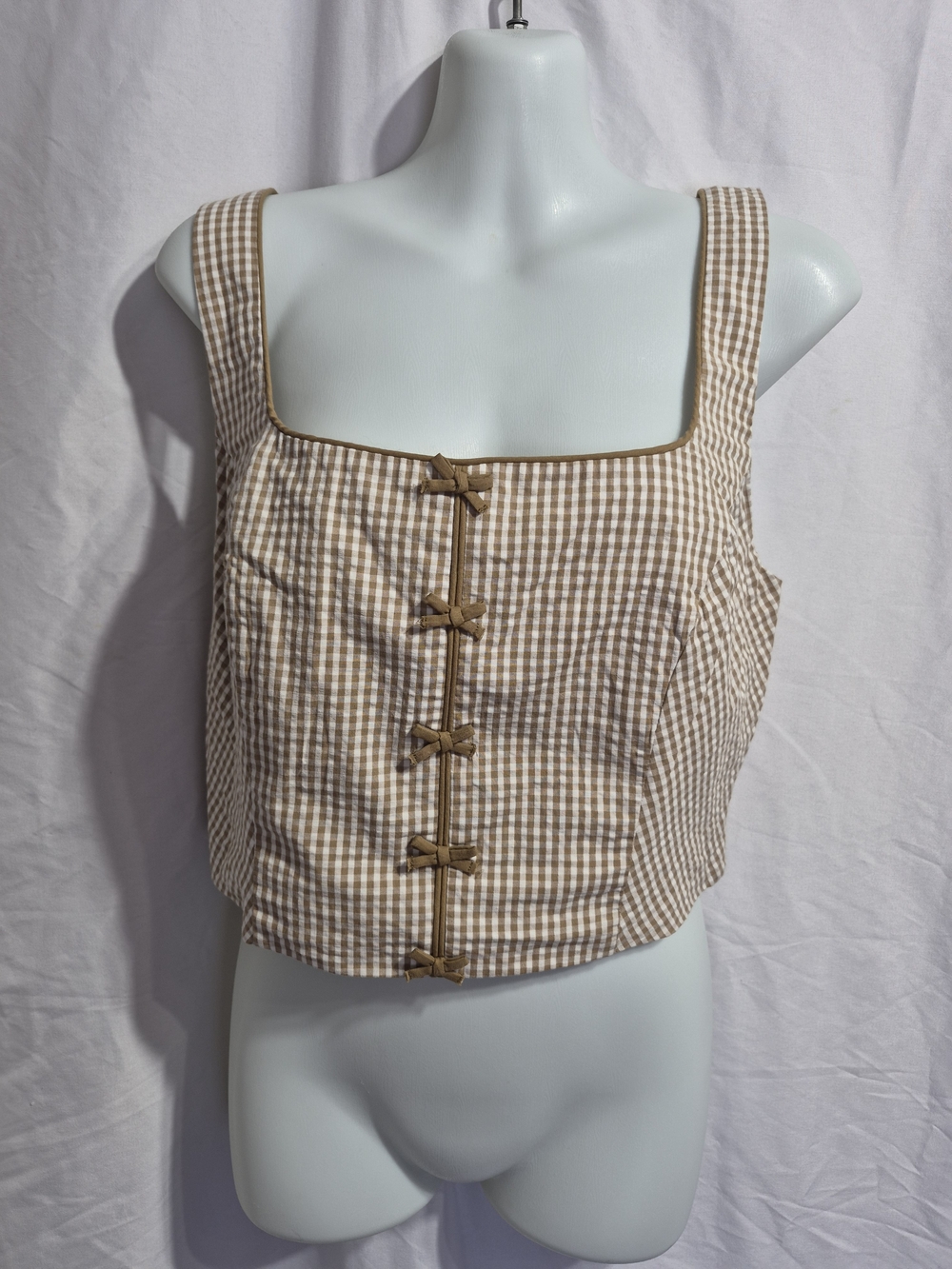 Beige Gingham Square-Neck Crop Top with Front Bows, Size Medium